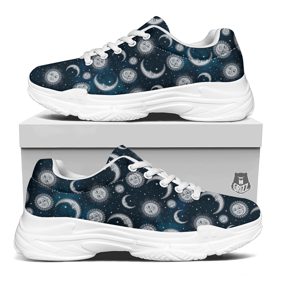 Celestial Blue And White Print Pattern White Chunky Shoes-grizzshop