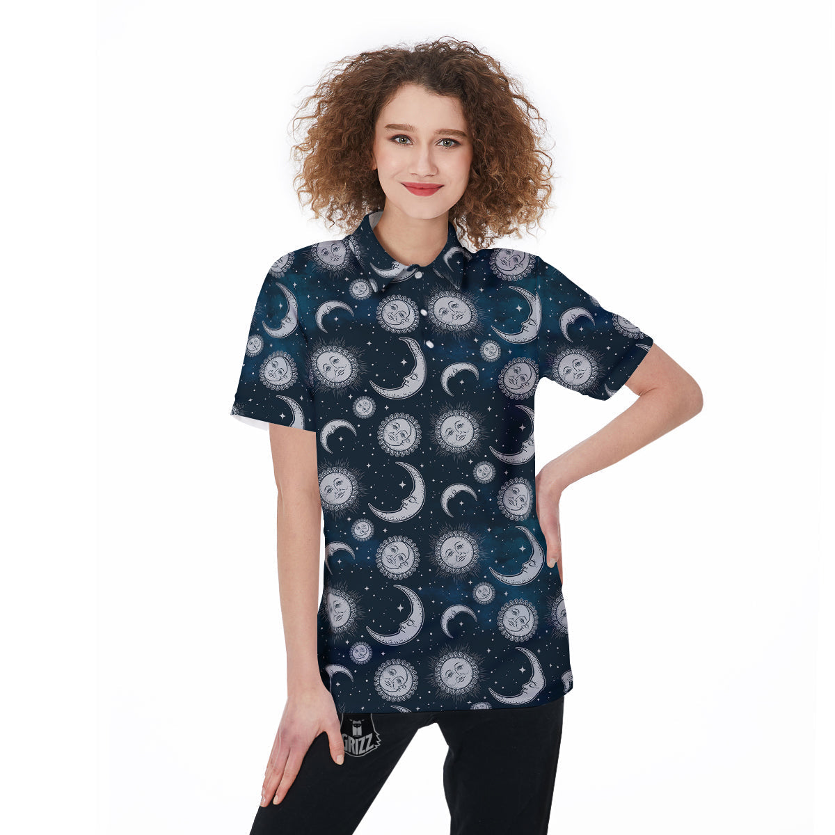Celestial Blue And White Print Pattern Women's Golf Shirts-grizzshop