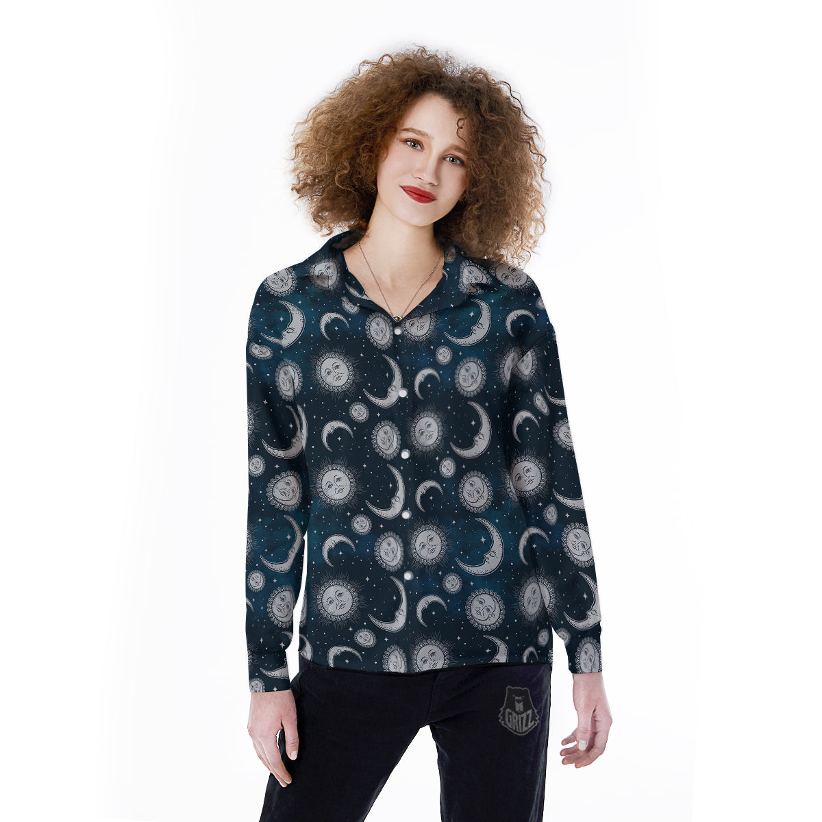 Celestial Blue And White Print Pattern Women's Long Sleeve Shirts-grizzshop