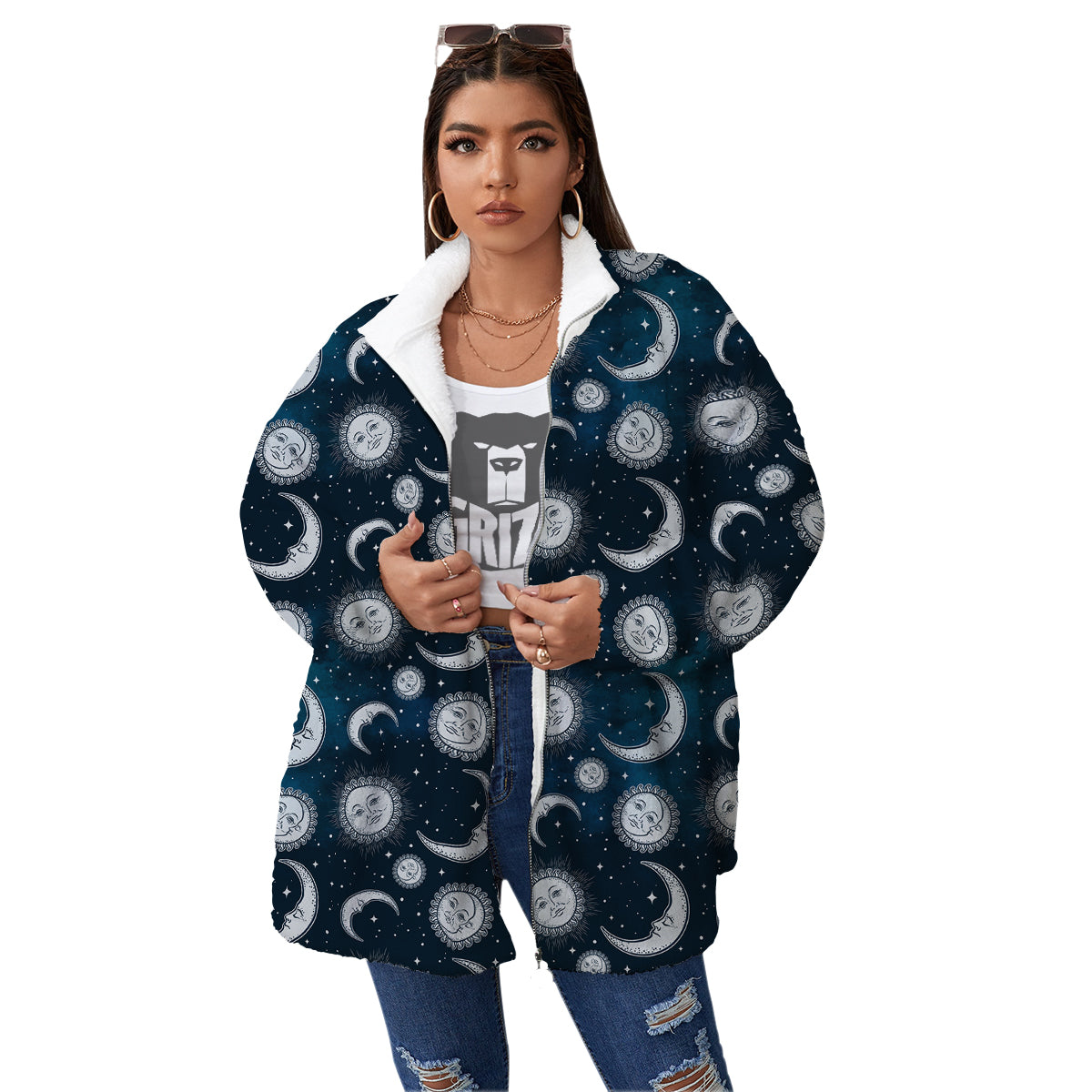 Celestial Blue And White Print Pattern Women's Sherpa Jacket-grizzshop