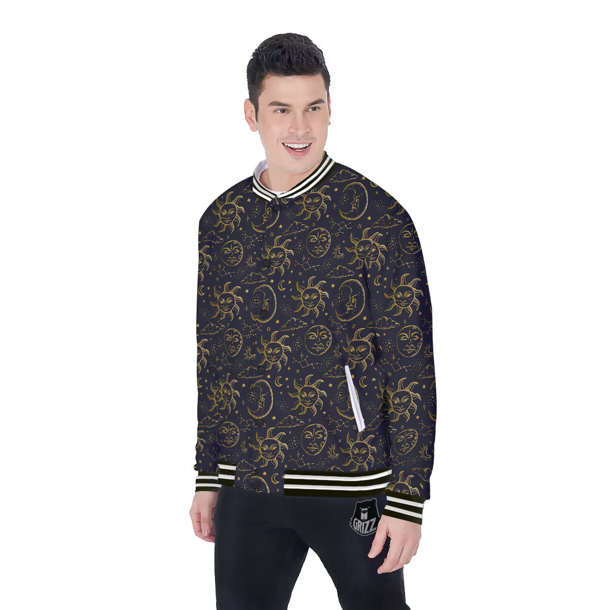 Celestial Gold And Black Print Pattern Baseball Jacket-grizzshop