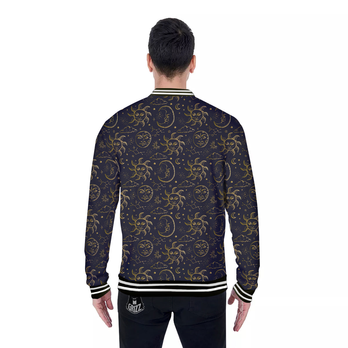 Celestial Gold And Black Print Pattern Baseball Jacket-grizzshop