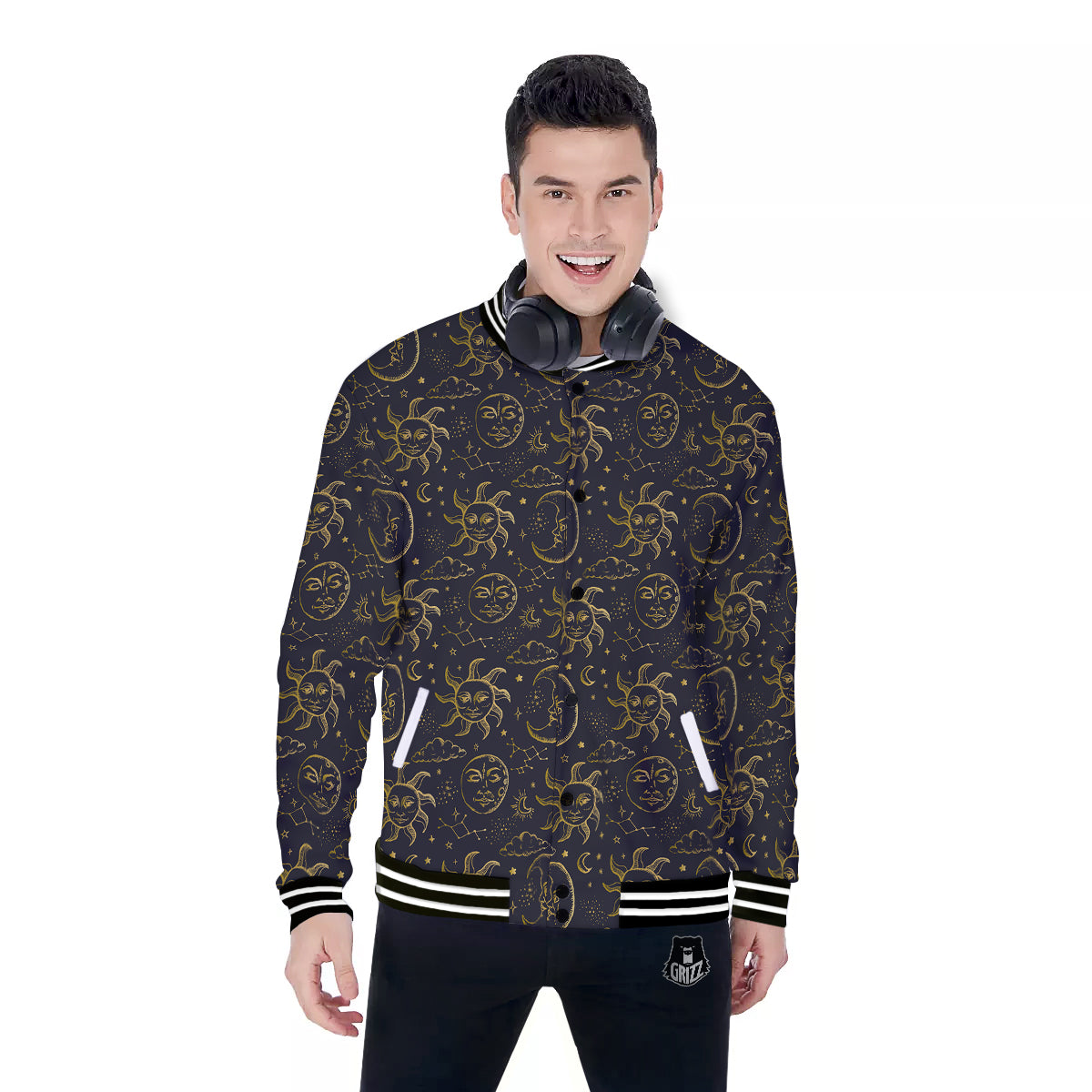 Celestial Gold And Black Print Pattern Baseball Jacket-grizzshop