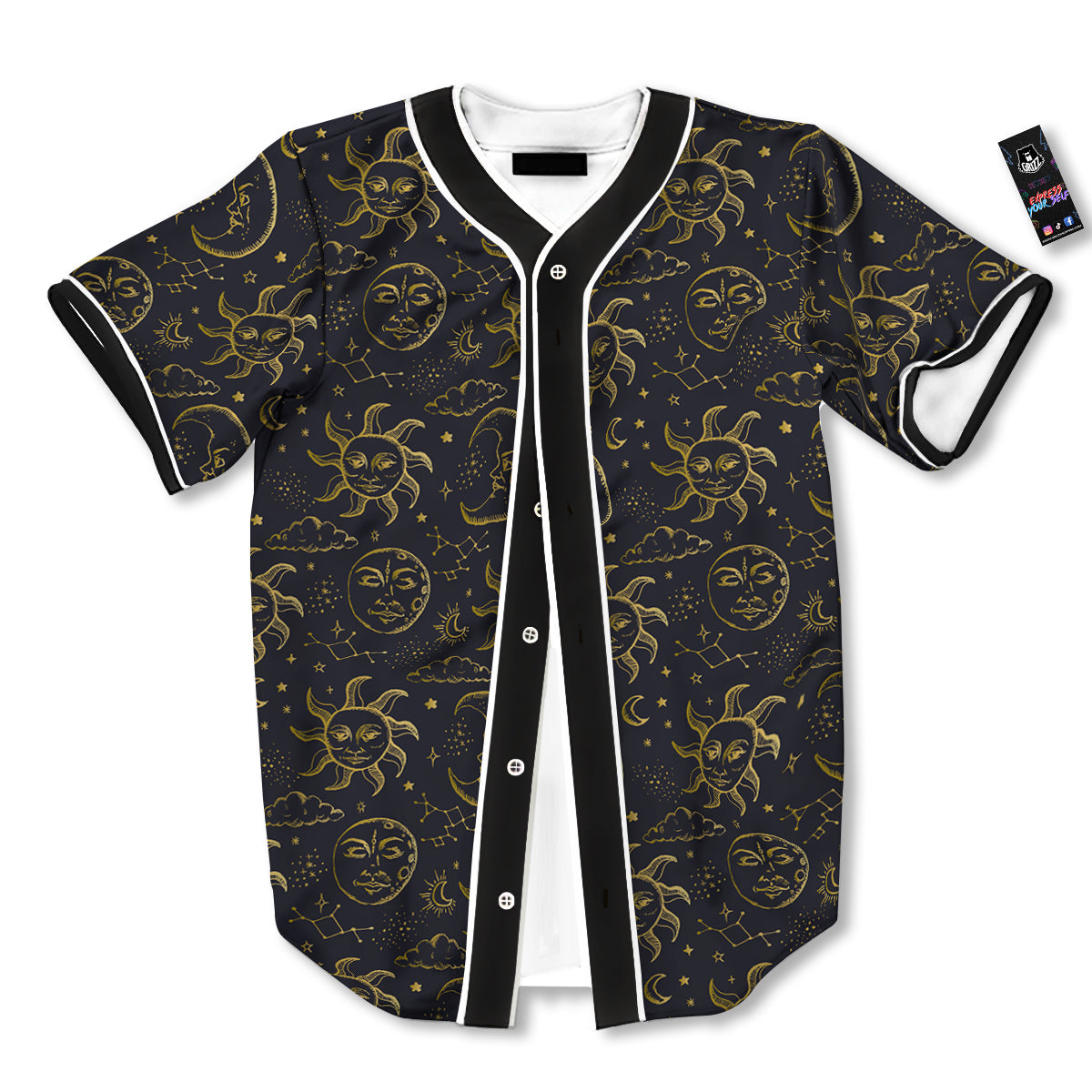 Celestial Gold And Black Print Pattern Baseball Jersey-grizzshop