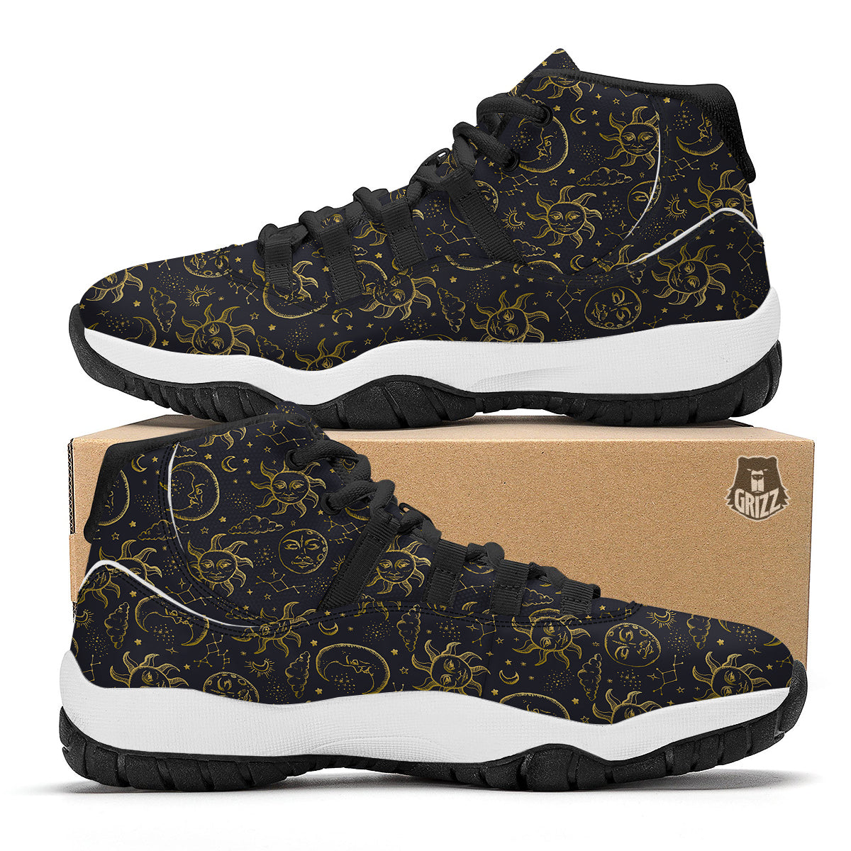 Celestial Gold And Black Print Pattern Black Bball Shoes-grizzshop