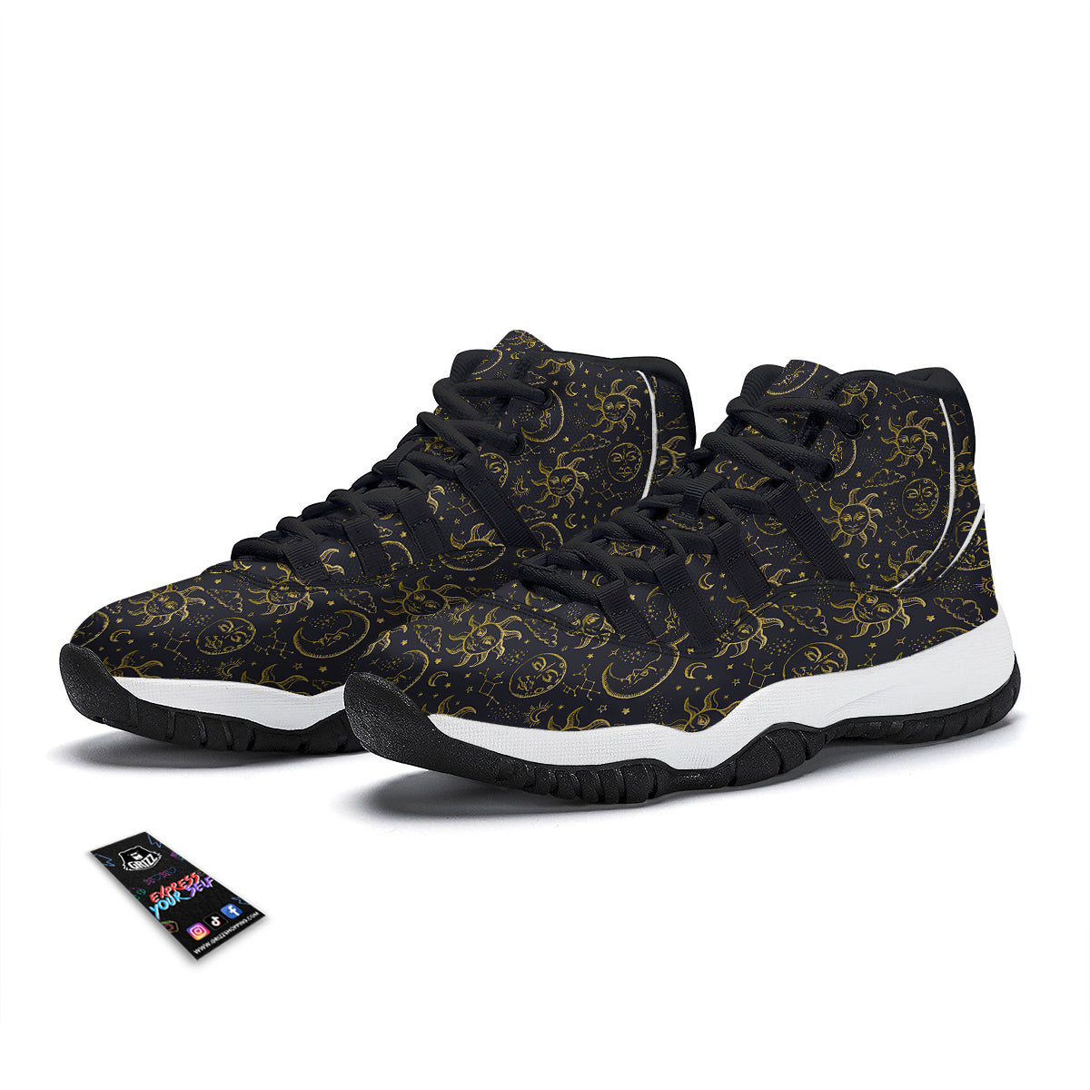 Celestial Gold And Black Print Pattern Black Bball Shoes-grizzshop