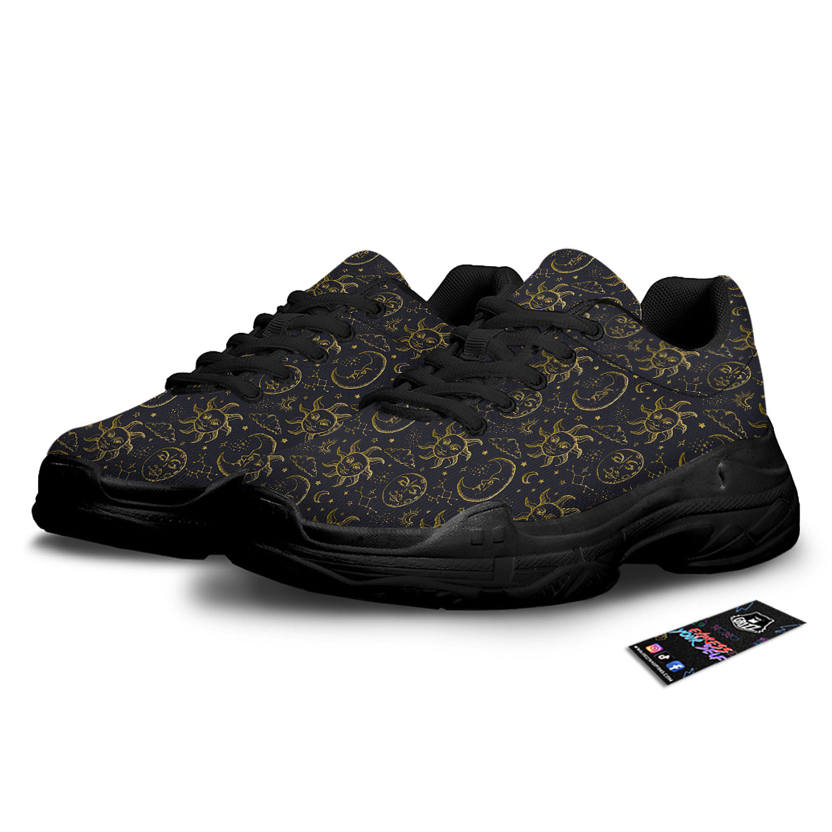 Celestial Gold And Black Print Pattern Black Chunky Shoes-grizzshop