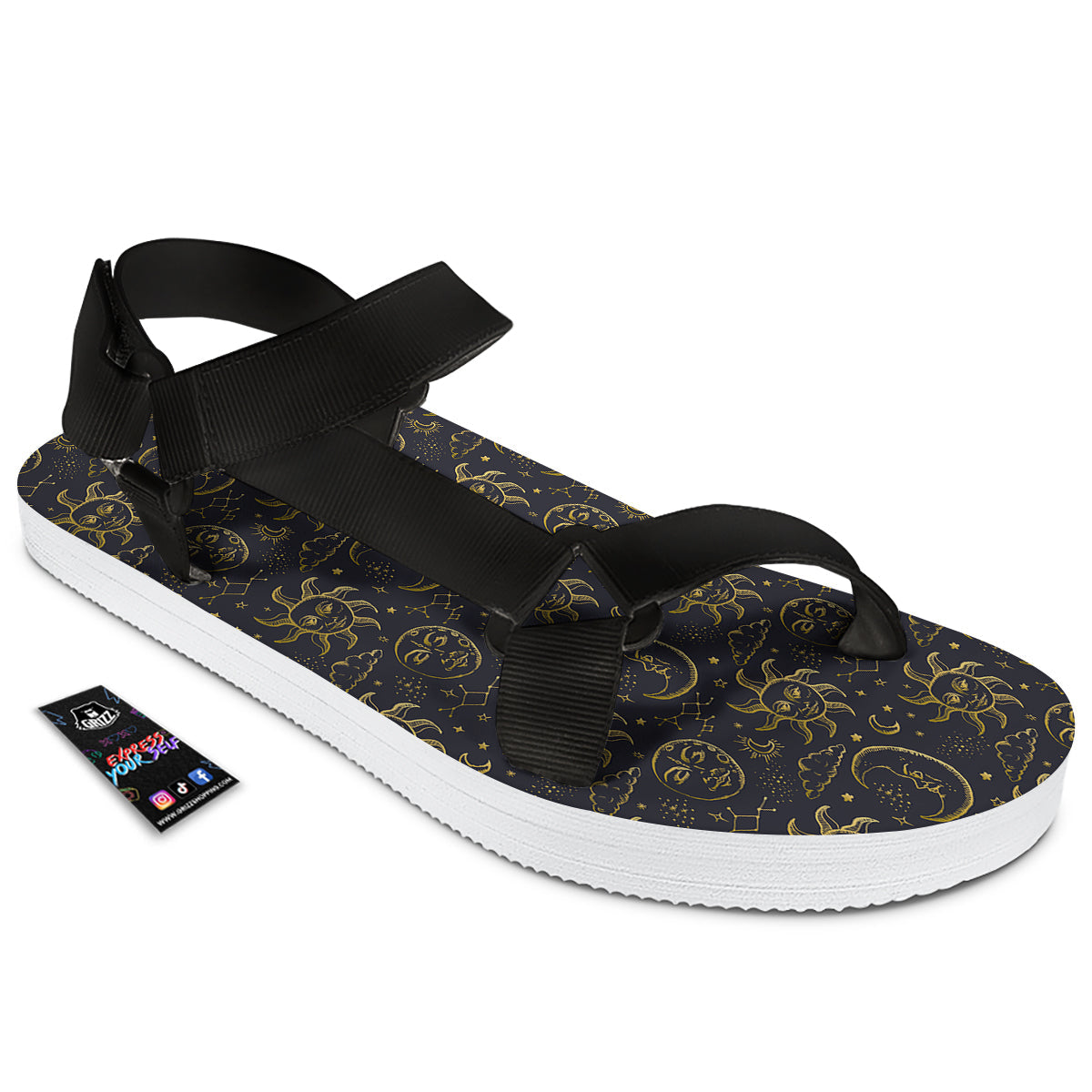 Celestial Gold And Black Print Pattern Black Open Toe Sandals-grizzshop