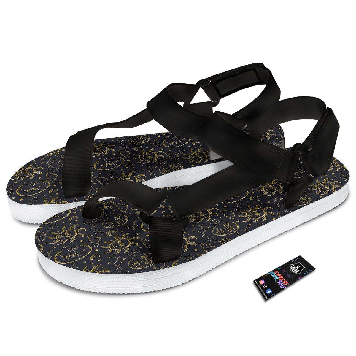 Celestial Gold And Black Print Pattern Black Open Toe Sandals-grizzshop