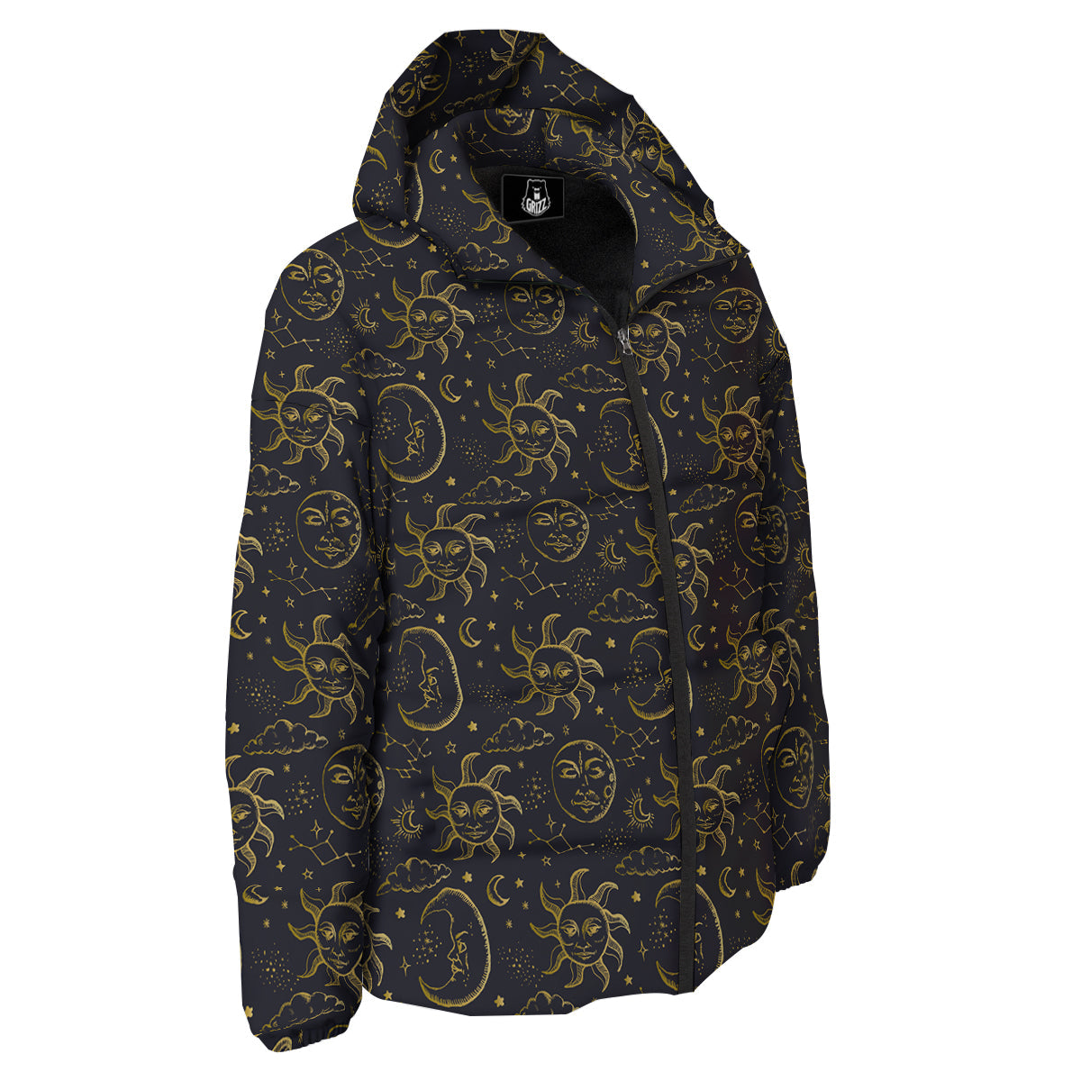 Celestial Gold And Black Print Pattern Down Jacket-grizzshop