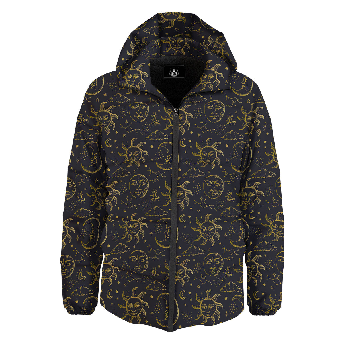 Celestial Gold And Black Print Pattern Down Jacket-grizzshop