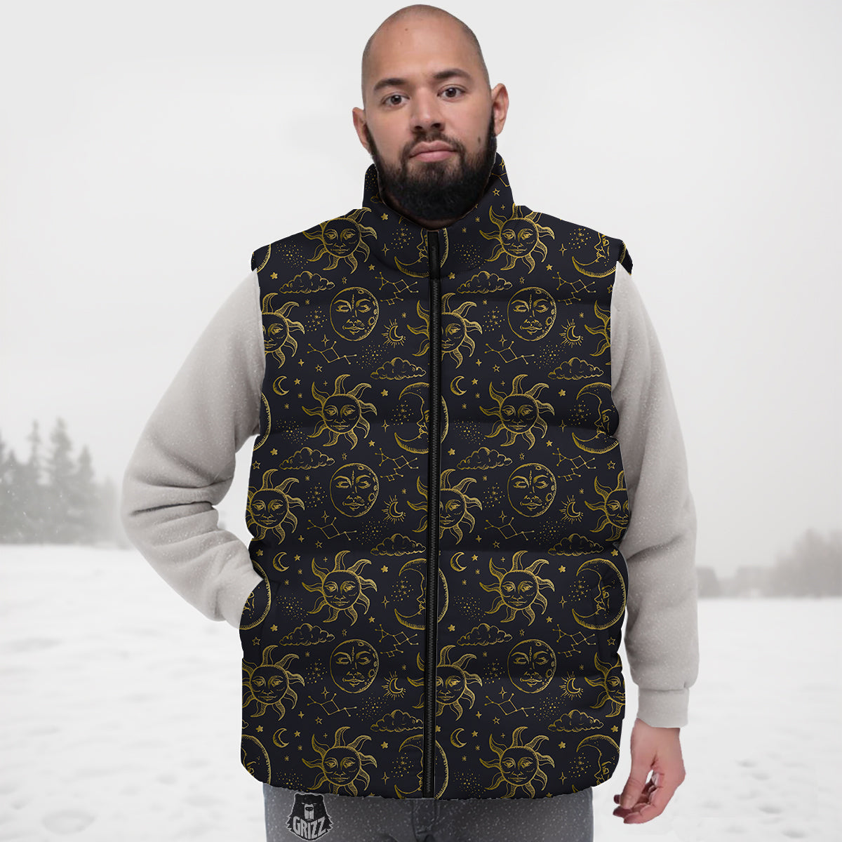 Celestial Gold And Black Print Pattern Down Vest