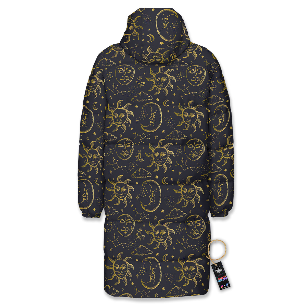 Celestial Gold And Black Print Pattern Long Down Jacket-grizzshop