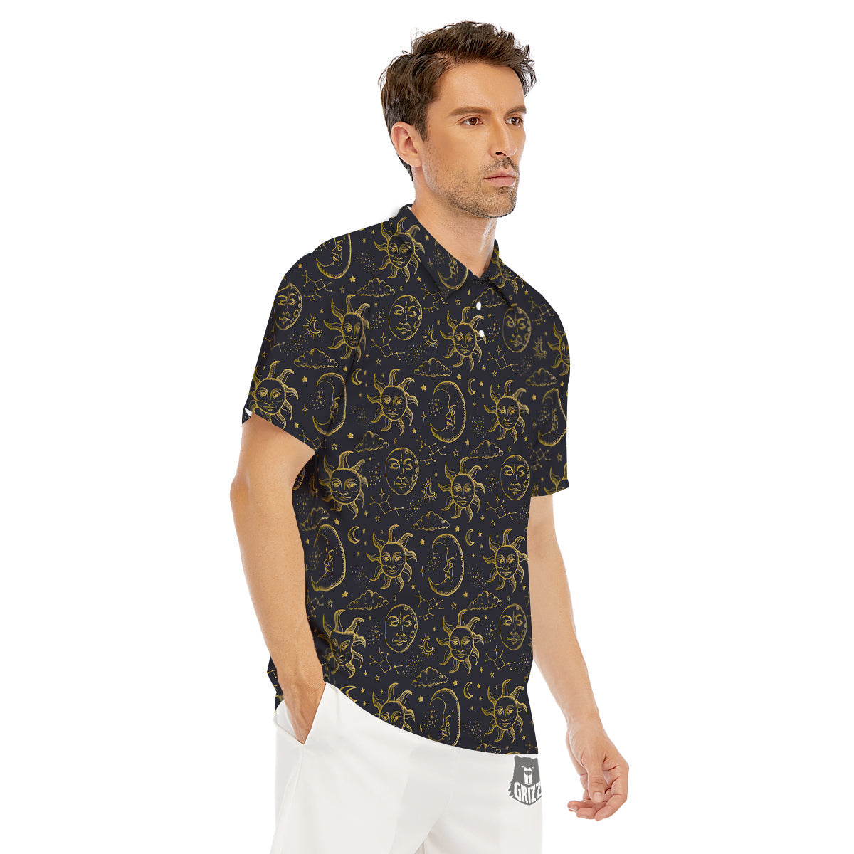 Celestial Gold And Black Print Pattern Men's Golf Shirts-grizzshop