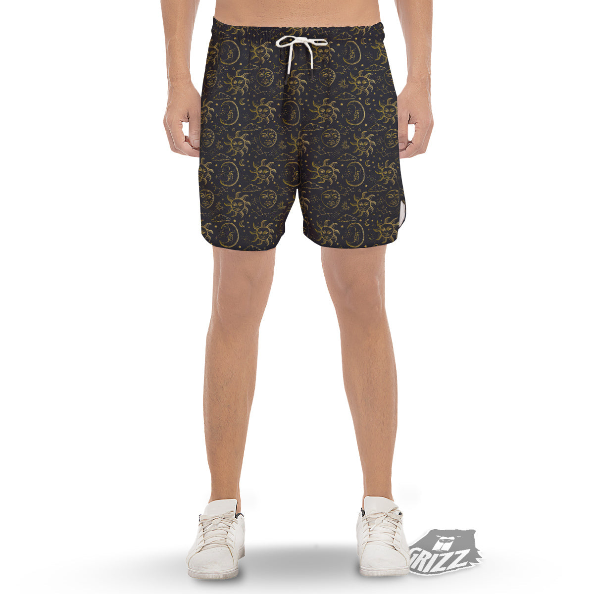Celestial Gold And Black Print Pattern Men's Gym Shorts-grizzshop