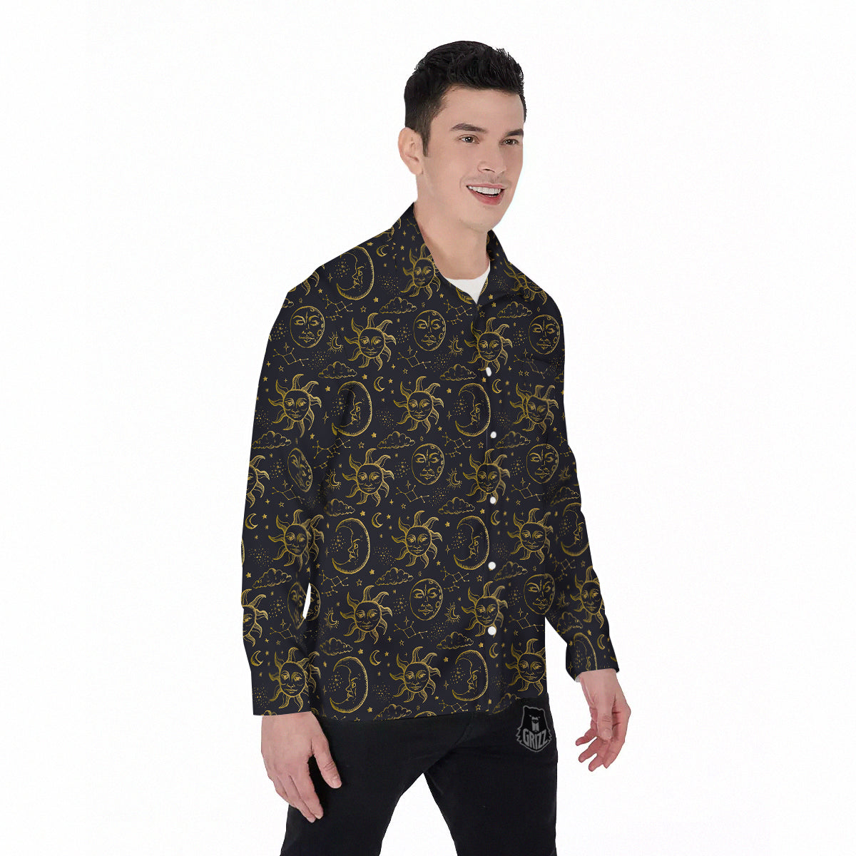 Celestial Gold And Black Print Pattern Men's Long Sleeve Shirts-grizzshop