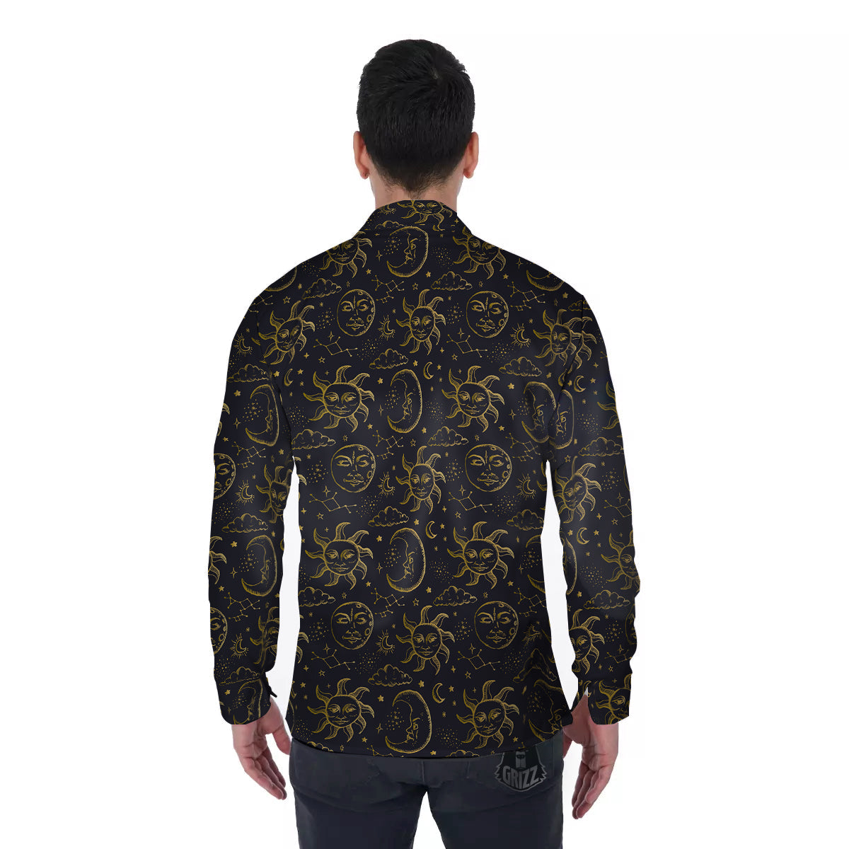 Celestial Gold And Black Print Pattern Men's Long Sleeve Shirts-grizzshop