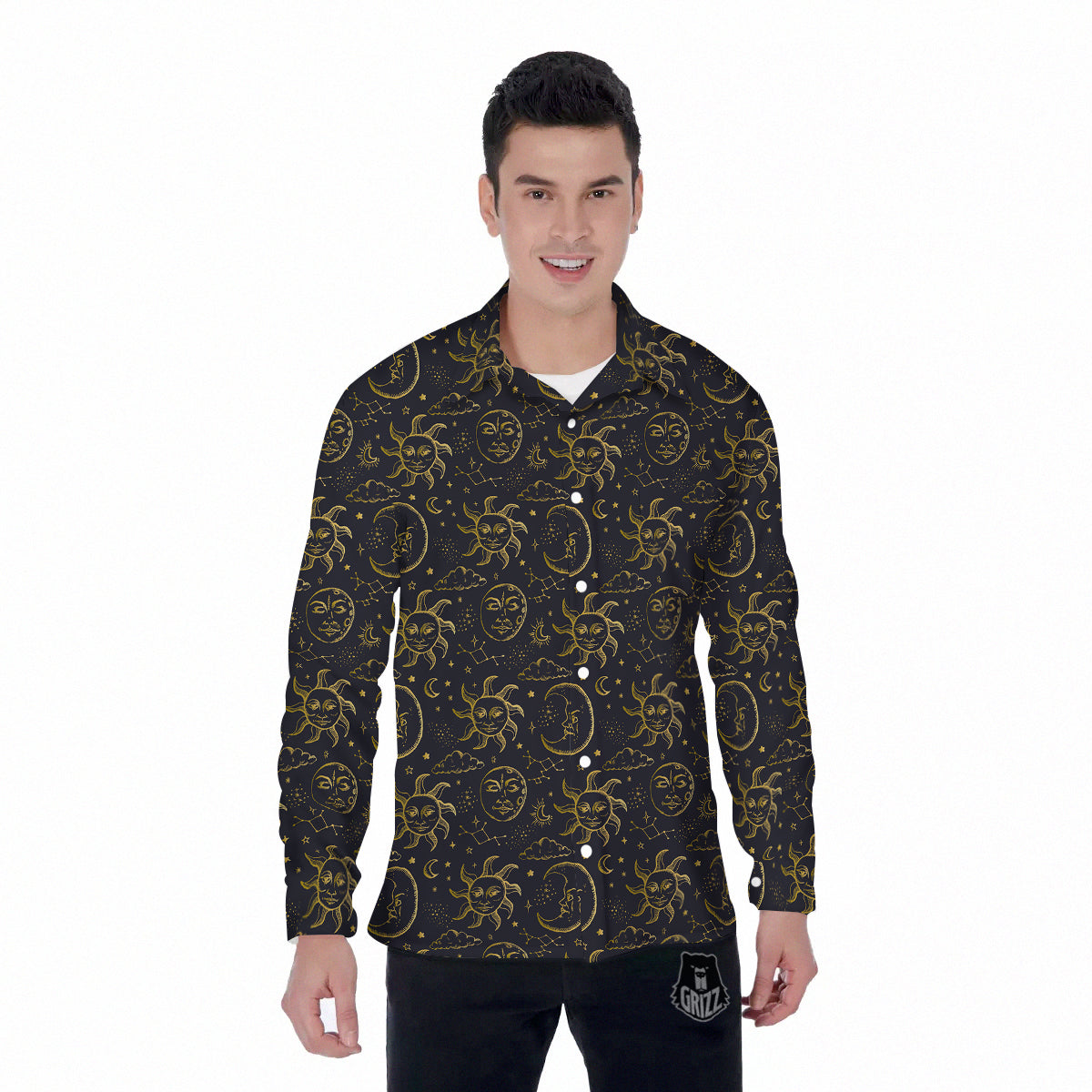 Celestial Gold And Black Print Pattern Men's Long Sleeve Shirts-grizzshop