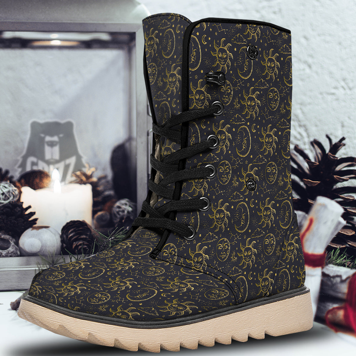Celestial Gold And Black Print Pattern Snow Boots-grizzshop