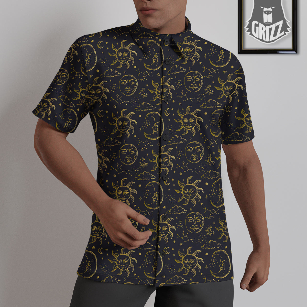 Celestial Gold And Black Print Pattern Untucked Shirts-grizzshop