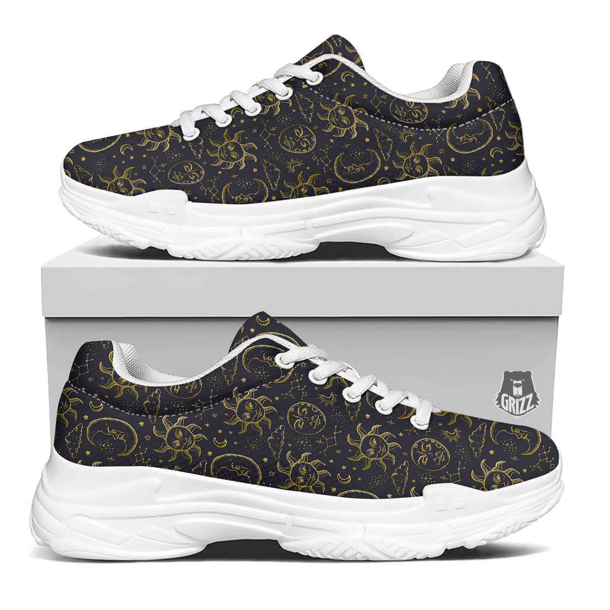 Celestial Gold And Black Print Pattern White Chunky Shoes-grizzshop