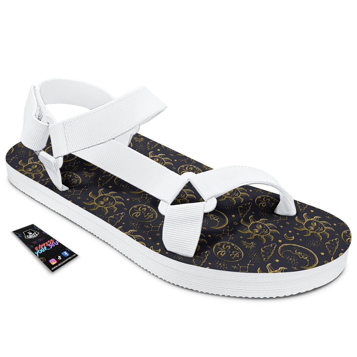 Celestial Gold And Black Print Pattern White Open Toe Sandals-grizzshop
