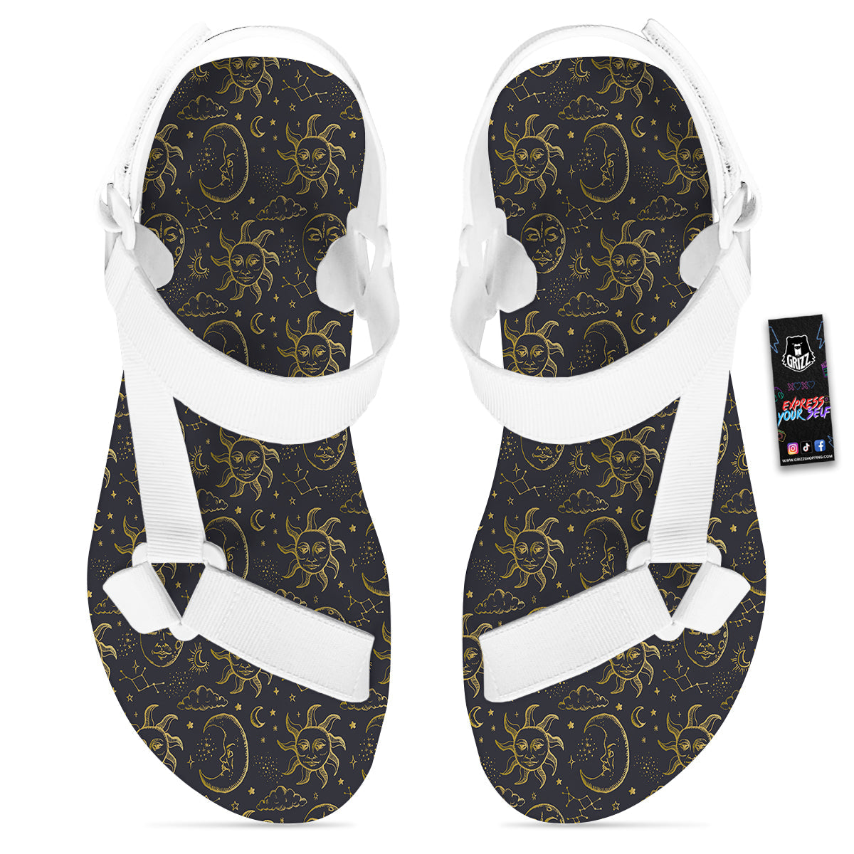 Celestial Gold And Black Print Pattern White Open Toe Sandals-grizzshop