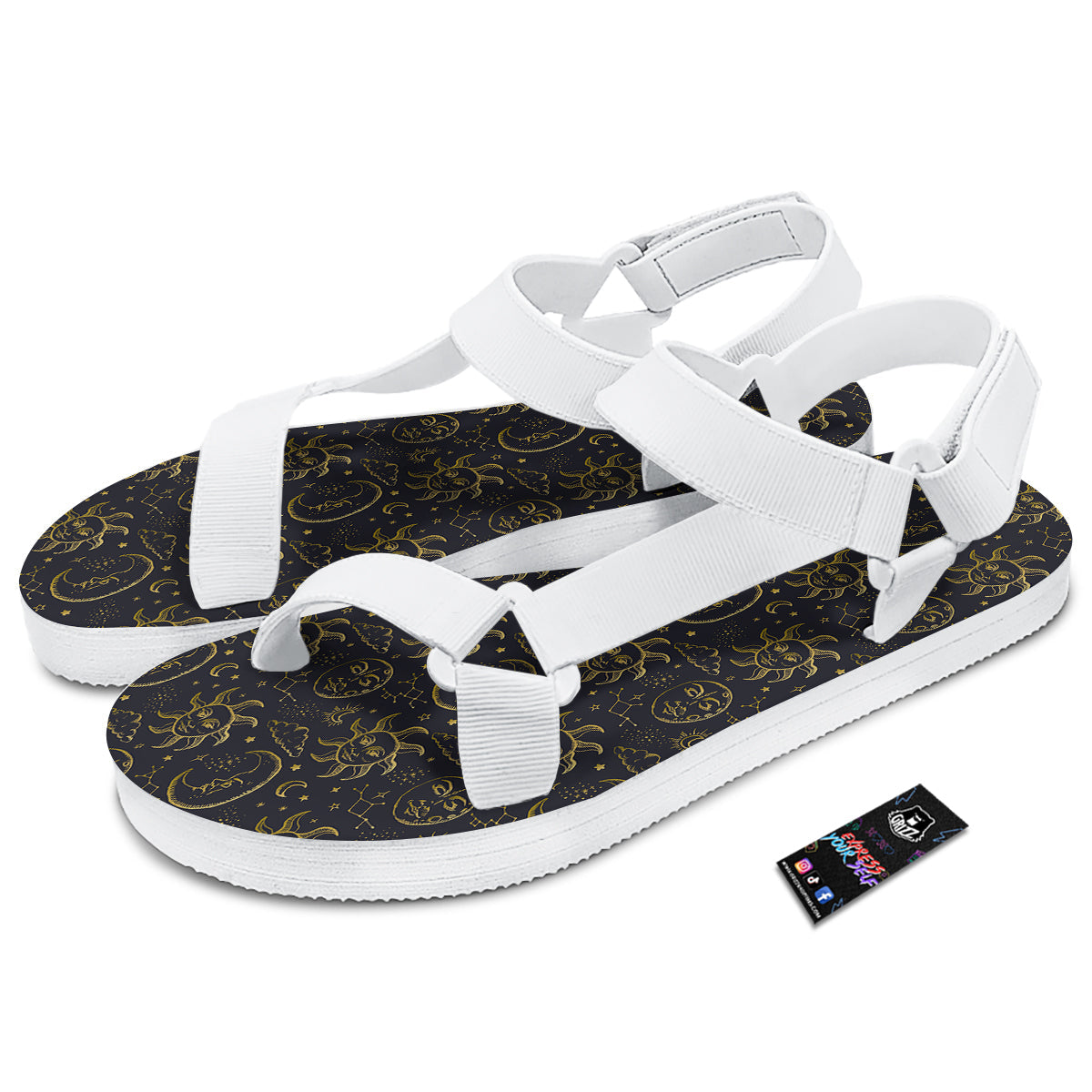 Celestial Gold And Black Print Pattern White Open Toe Sandals-grizzshop