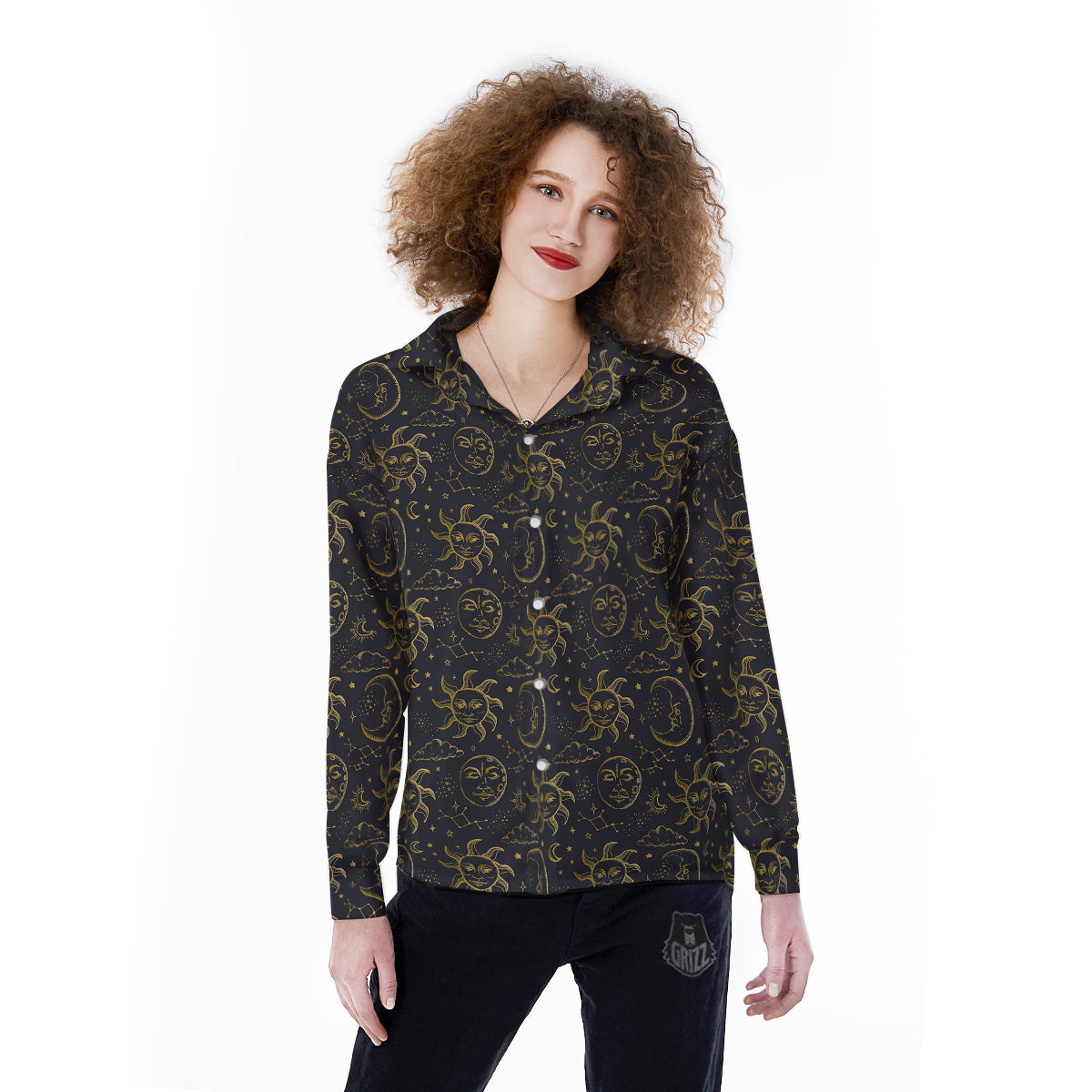 Celestial Gold And Black Print Pattern Women's Long Sleeve Shirts-grizzshop