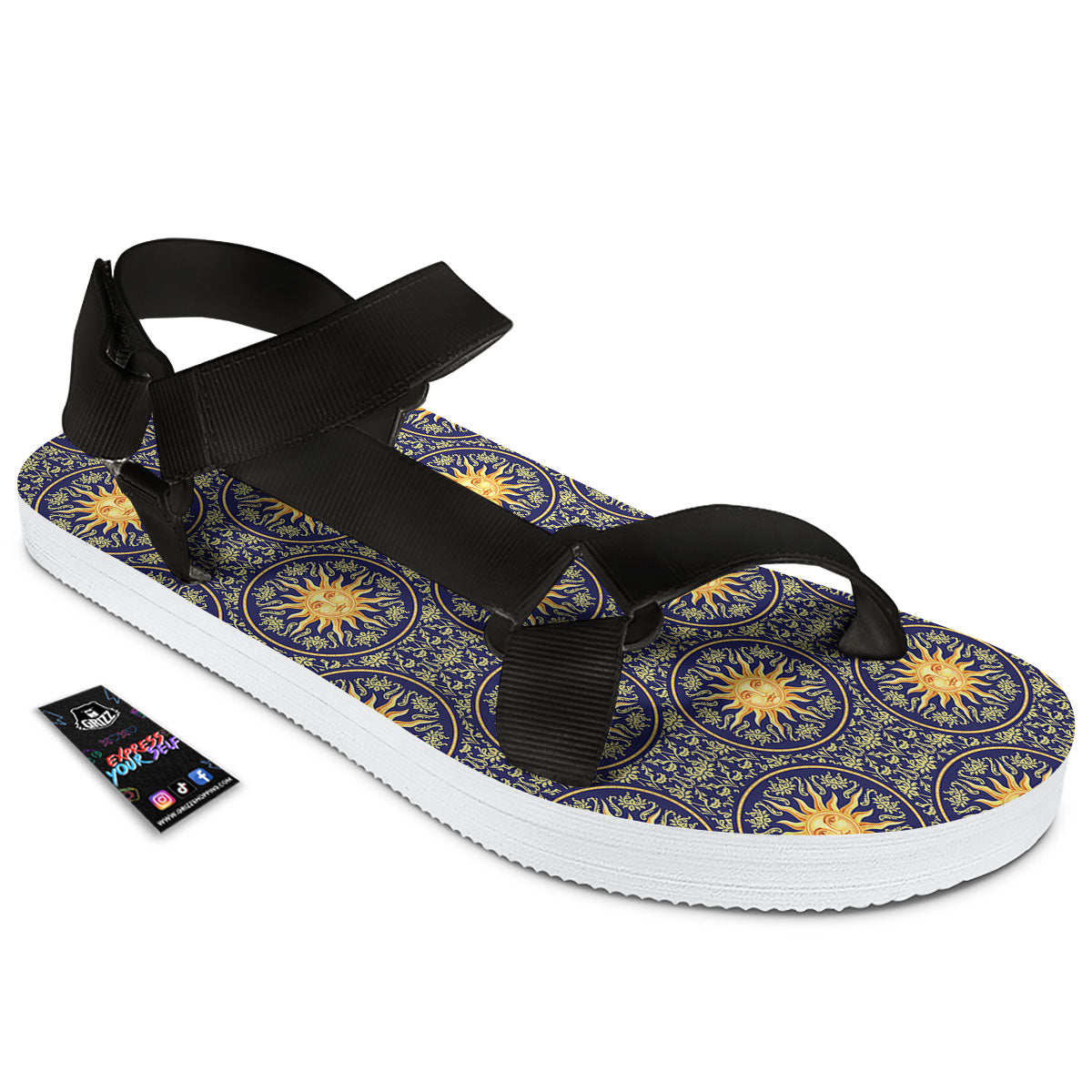 Celestial Gold And Blue Print Pattern Black Open Toe Sandals-grizzshop