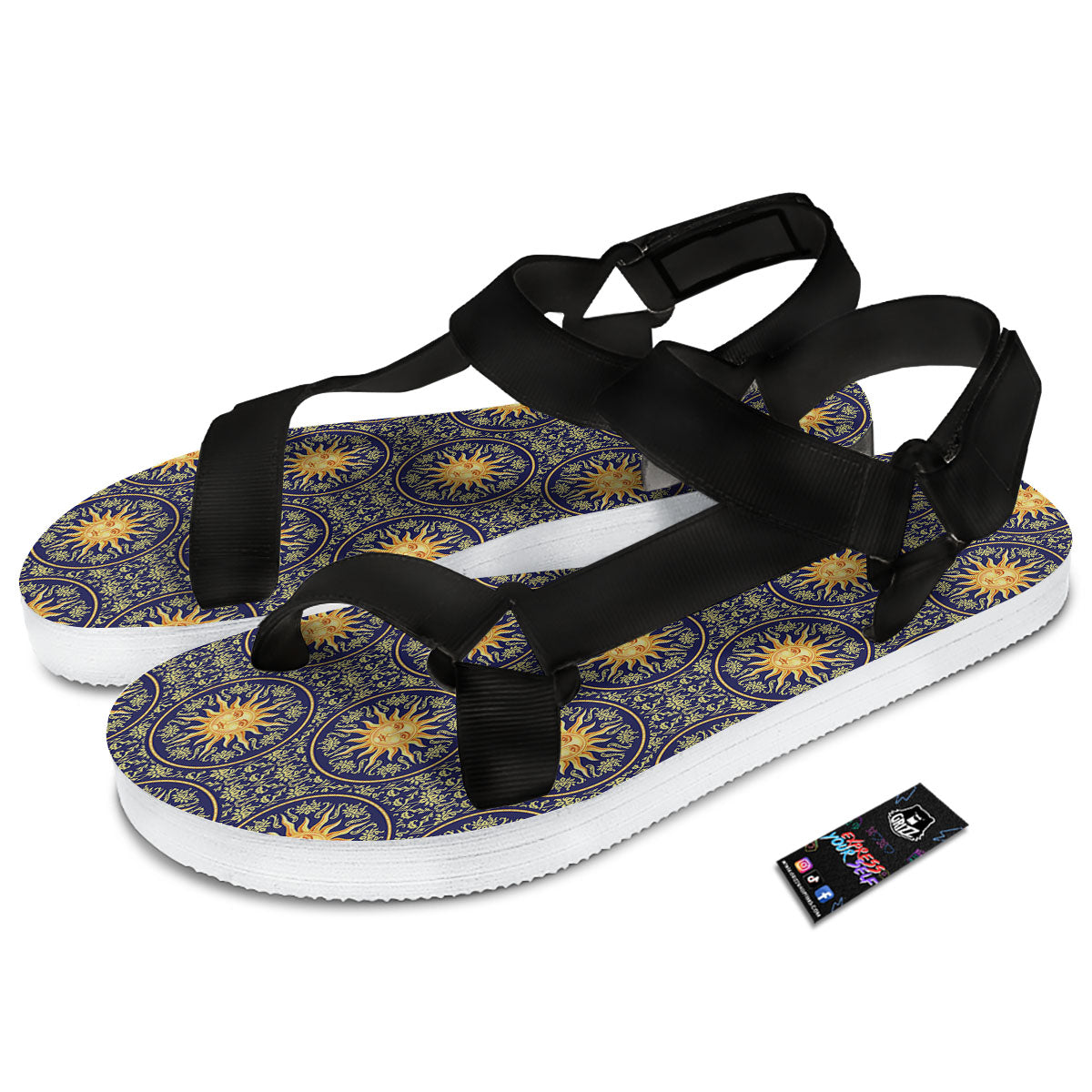 Celestial Gold And Blue Print Pattern Black Open Toe Sandals-grizzshop