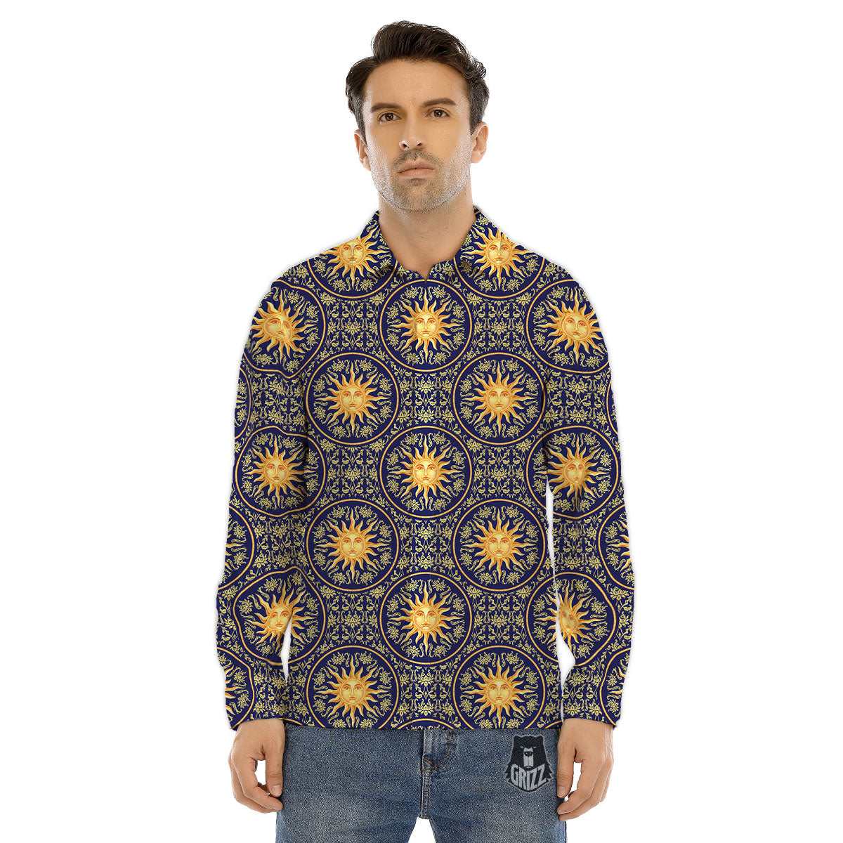 Celestial Gold And Blue Print Pattern Men's Dress Shirts-grizzshop