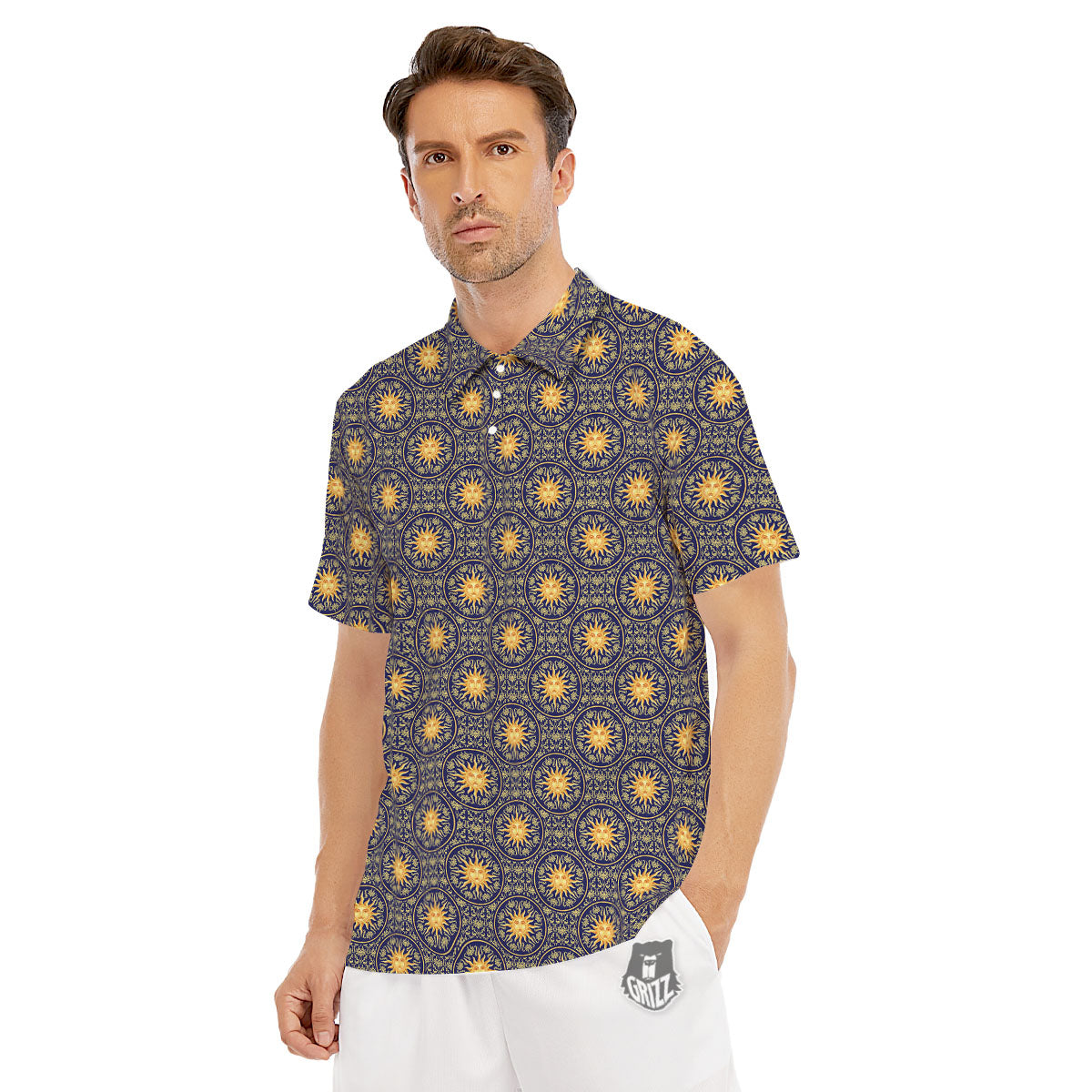 Celestial Gold And Blue Print Pattern Men's Golf Shirts-grizzshop