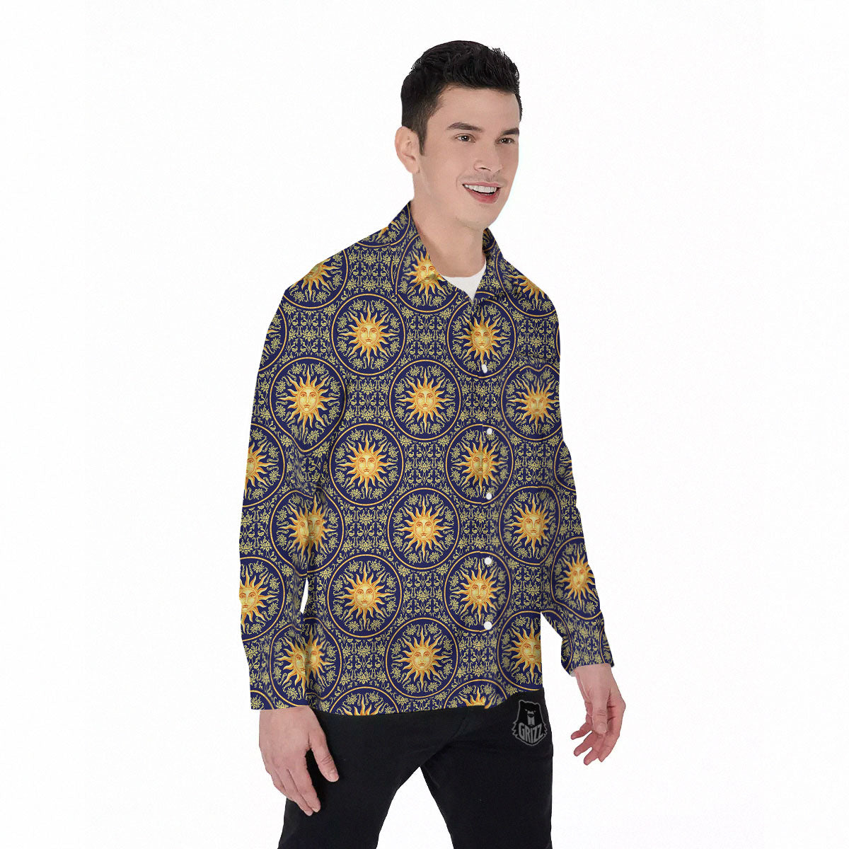 Celestial Gold And Blue Print Pattern Men's Long Sleeve Shirts-grizzshop