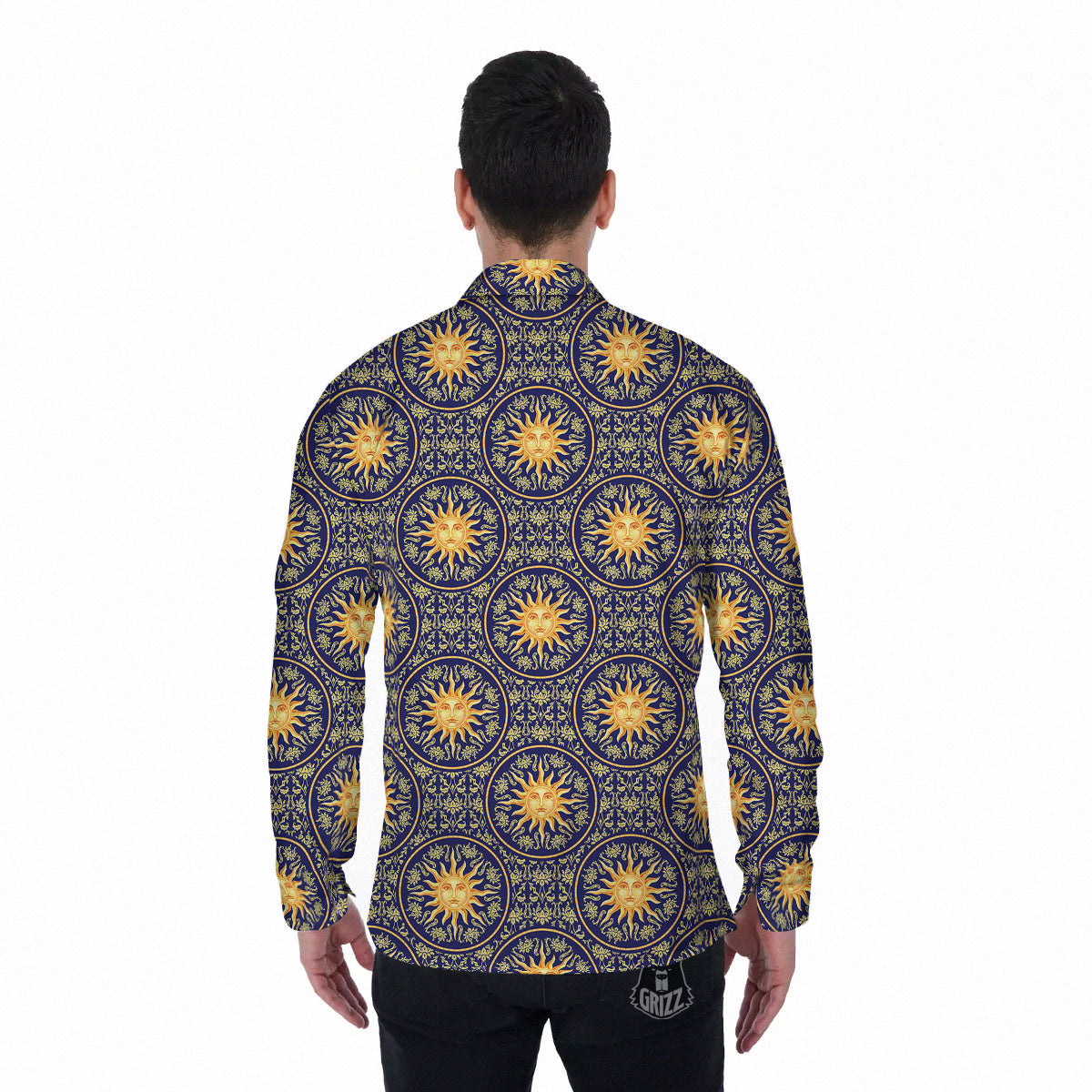 Celestial Gold And Blue Print Pattern Men's Long Sleeve Shirts-grizzshop