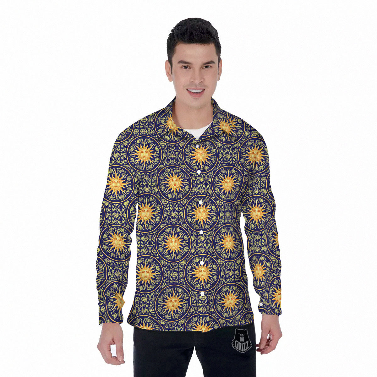 Celestial Gold And Blue Print Pattern Men's Long Sleeve Shirts-grizzshop