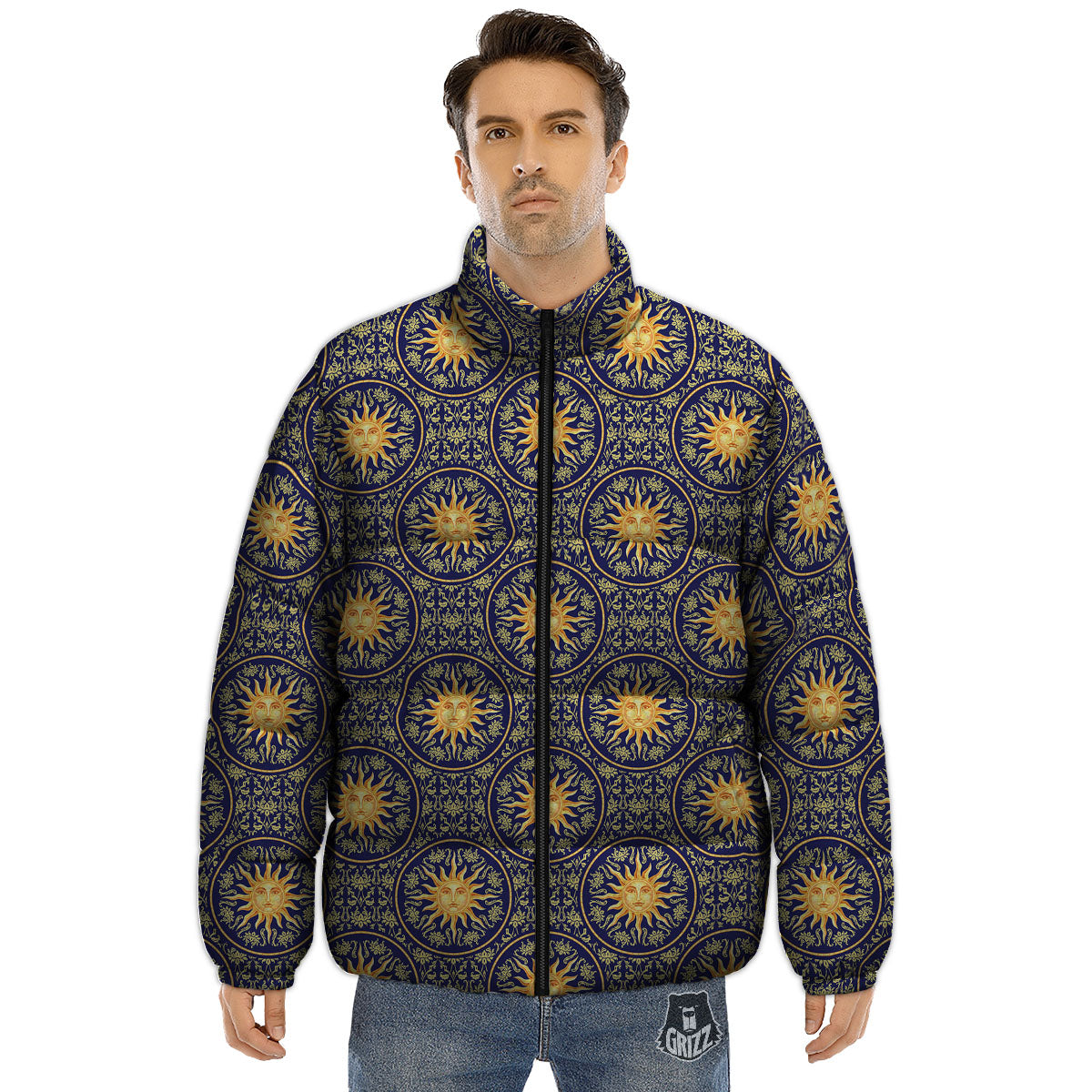 Celestial Gold And Blue Print Pattern Puffer Jacket-grizzshop