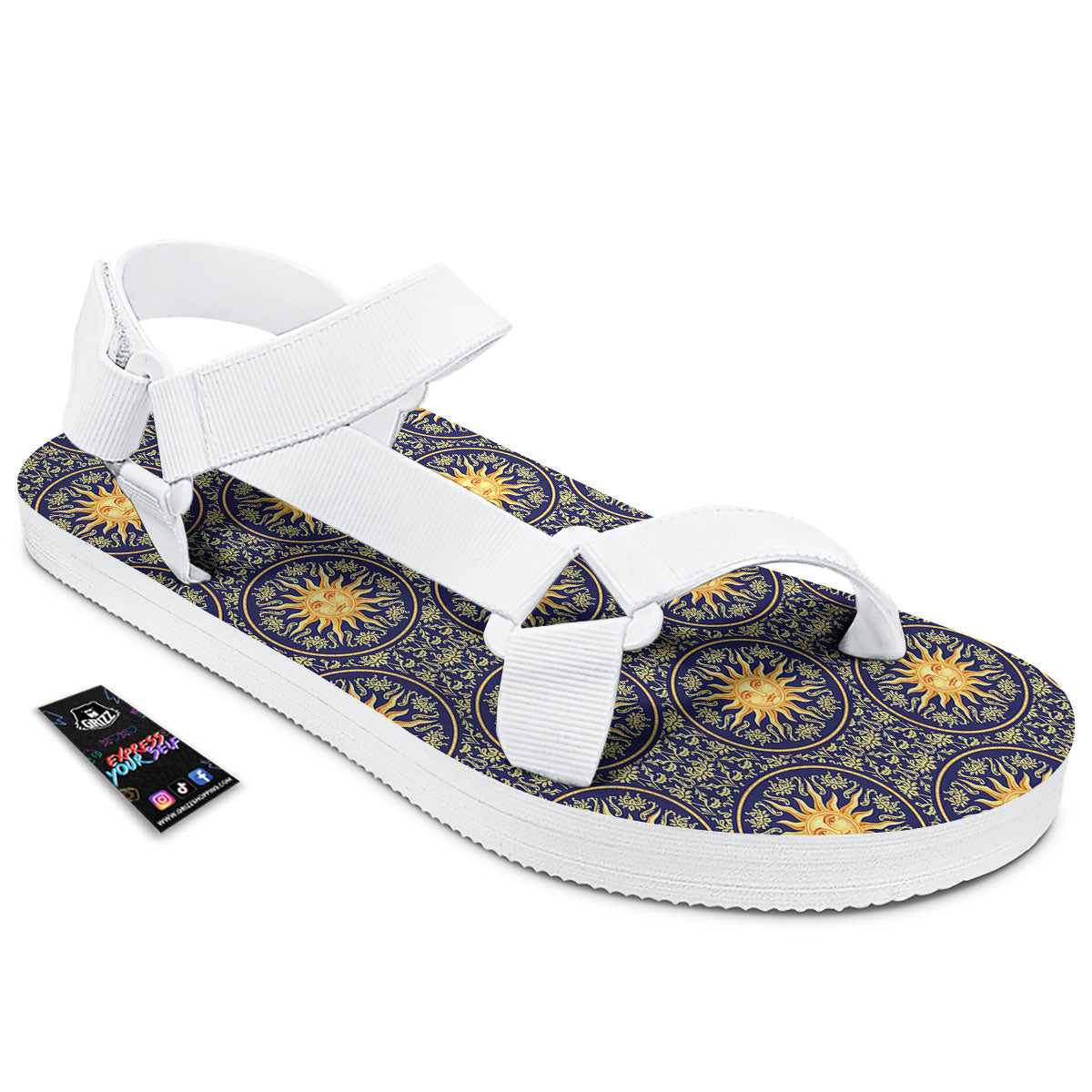 Celestial Gold And Blue Print Pattern White Open Toe Sandals-grizzshop