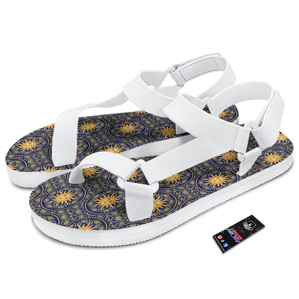 Celestial Gold And Blue Print Pattern White Open Toe Sandals-grizzshop