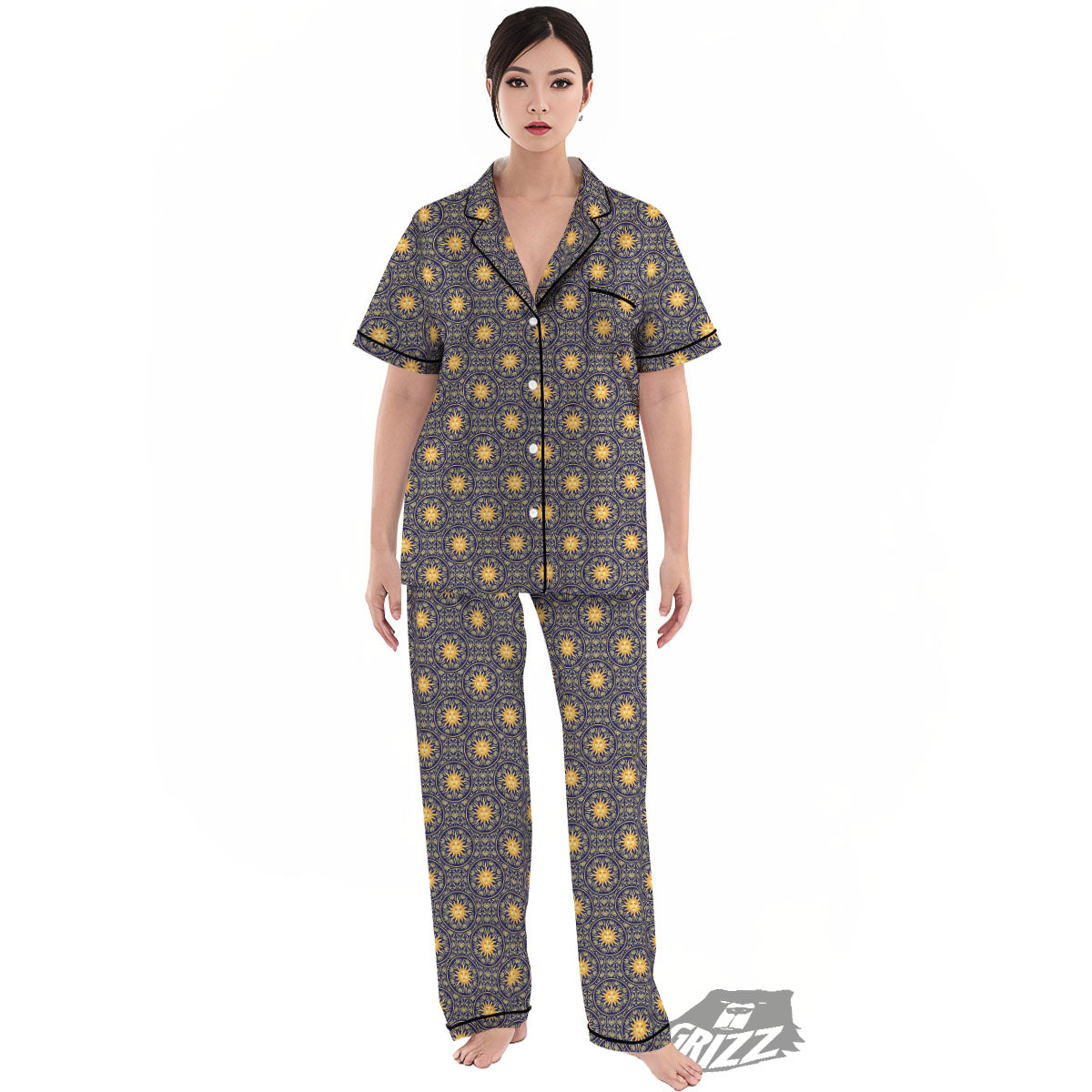 Celestial Gold And Blue Print Pattern Women's Pajamas Set-grizzshop