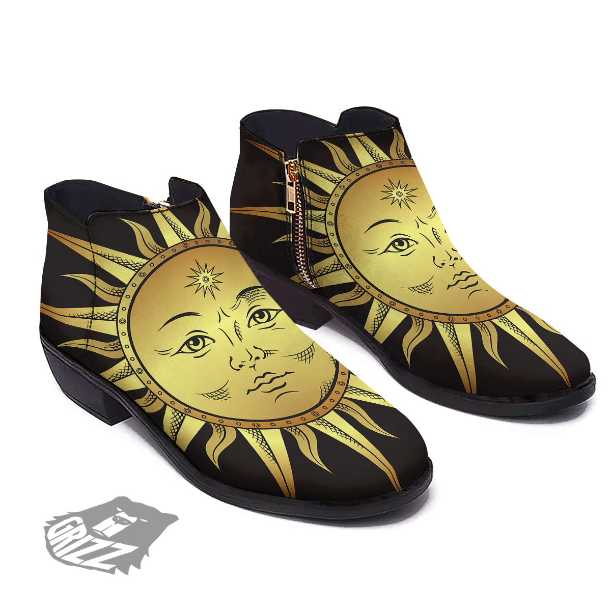 Celestial Sun Gold And Black Print Ankle Boots-grizzshop