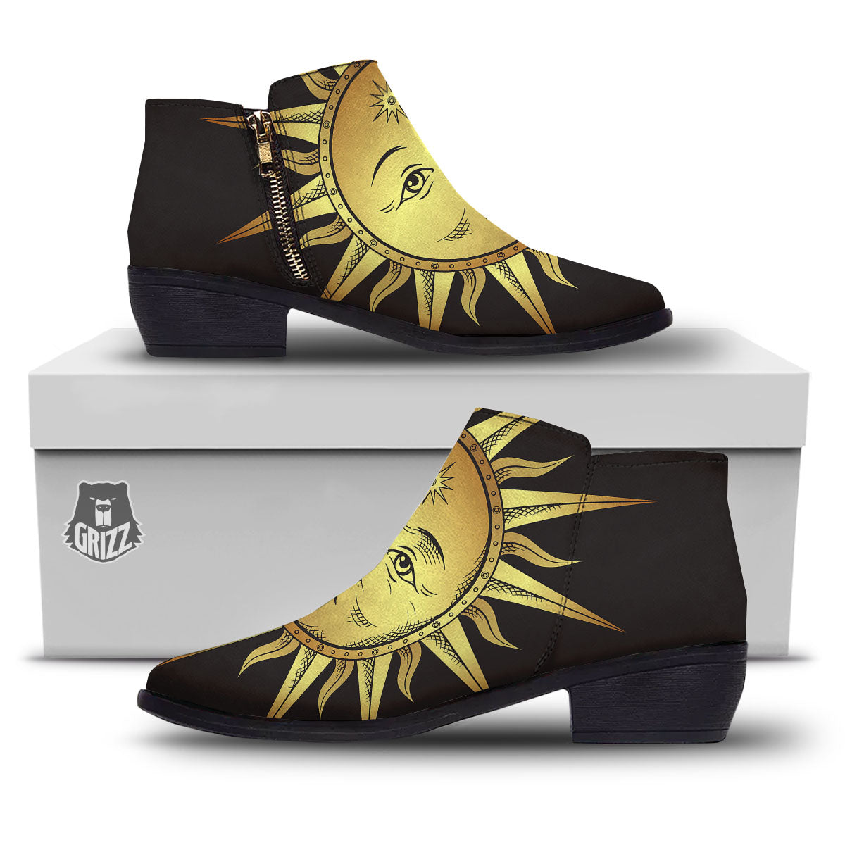 Celestial Sun Gold And Black Print Ankle Boots-grizzshop