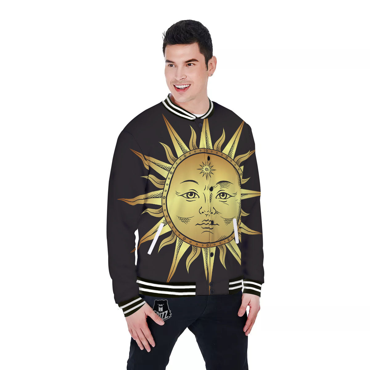 Celestial Sun Gold And Black Print Baseball Jacket-grizzshop