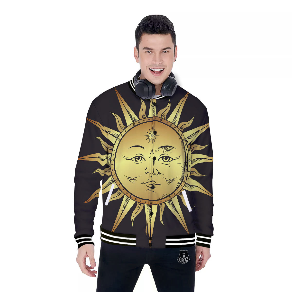 Celestial Sun Gold And Black Print Baseball Jacket-grizzshop