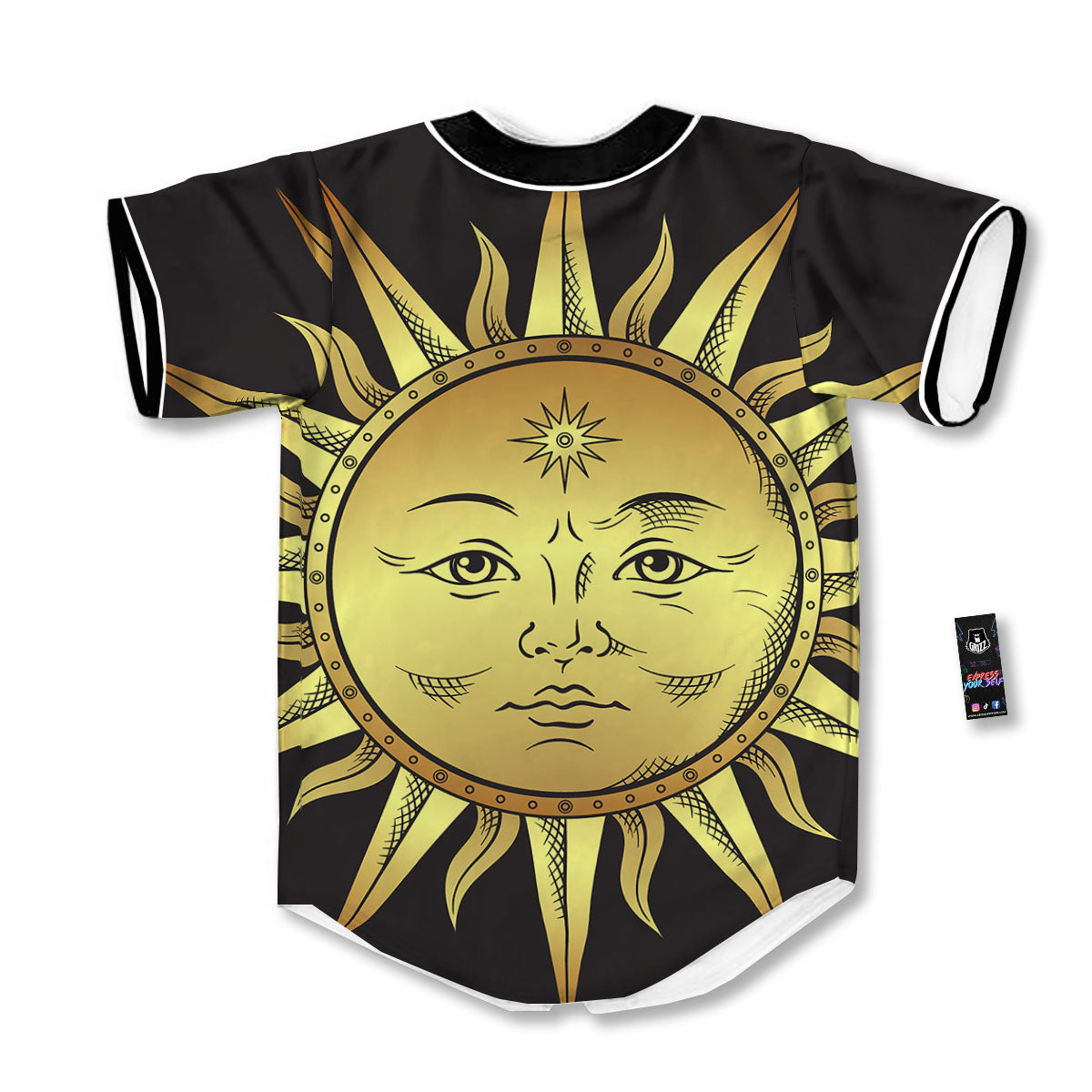 Celestial Sun Gold And Black Print Baseball Jersey-grizzshop