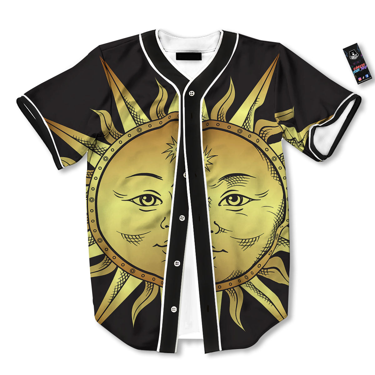 Celestial Sun Gold And Black Print Baseball Jersey-grizzshop