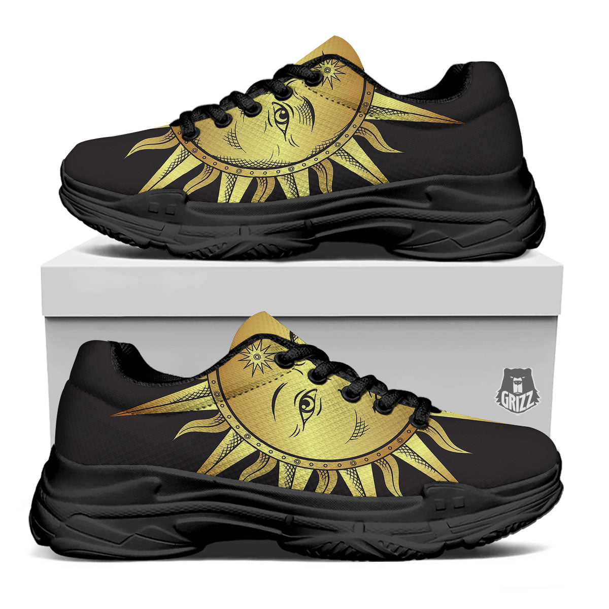 Celestial Sun Gold And Black Print Black Chunky Shoes-grizzshop