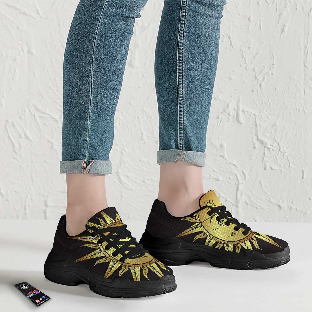 Celestial Sun Gold And Black Print Black Chunky Shoes-grizzshop