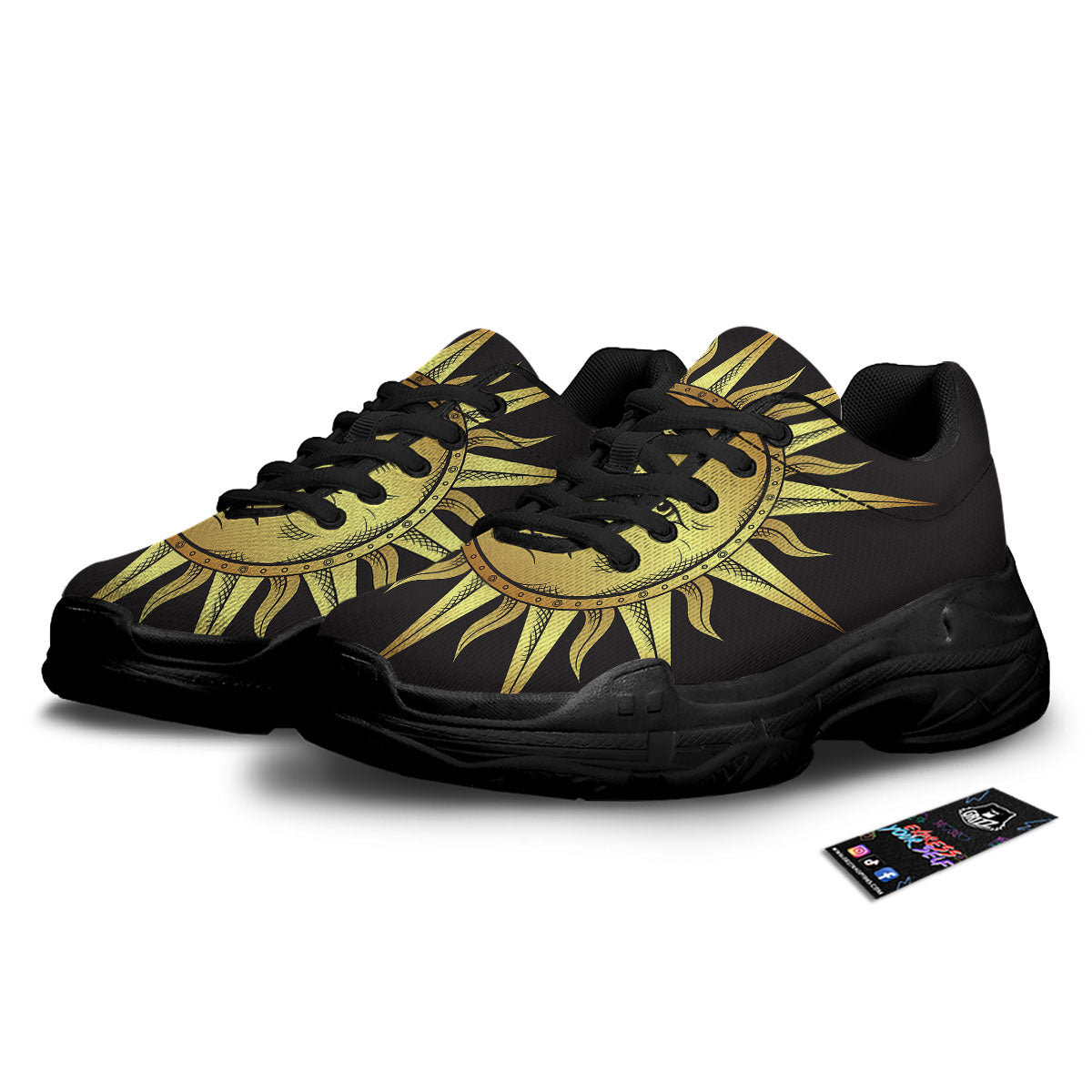 Celestial Sun Gold And Black Print Black Chunky Shoes-grizzshop