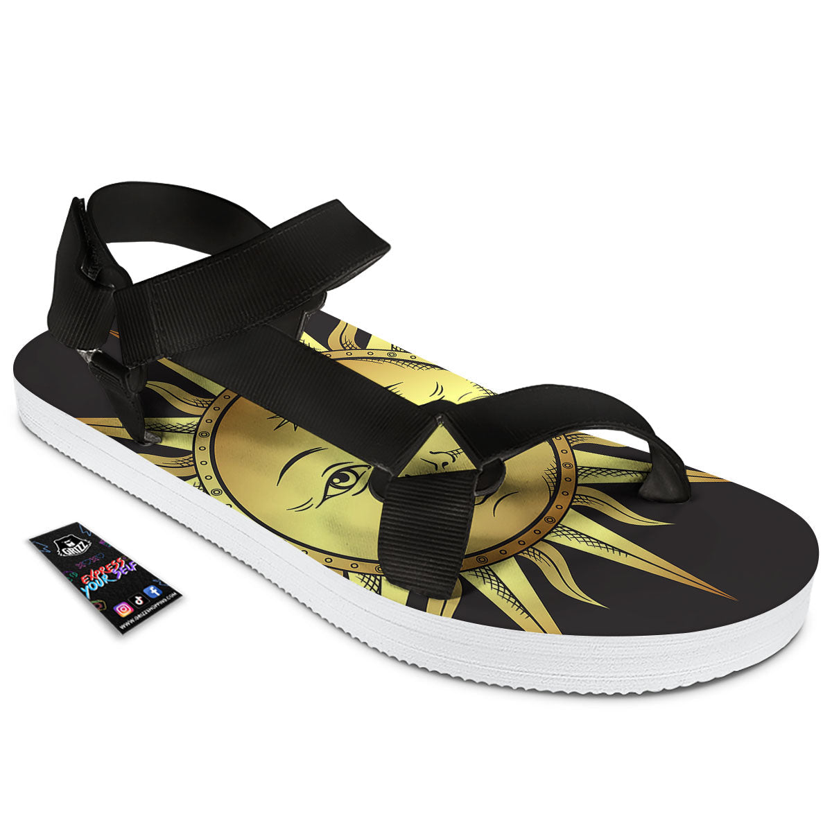 Celestial Sun Gold And Black Print Black Open Toe Sandals-grizzshop
